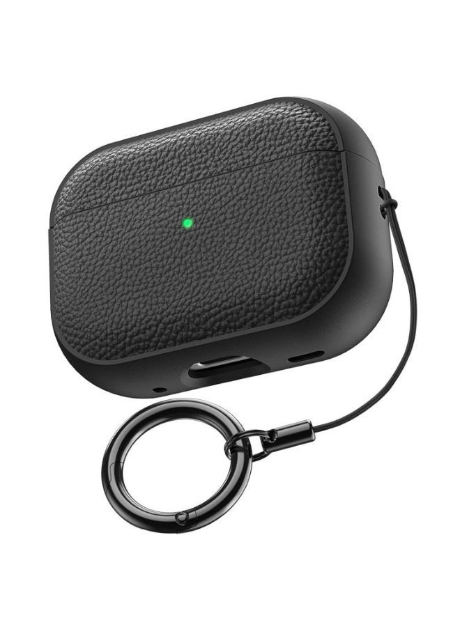 غطاء حماية مقاوم للصدمات من مادة TPU بنسيج جلدي متوافق مع سماعات AirPods Pro 3 (2025)، مزود بسلسلة مفاتيح، مع إمكانية رؤية مؤشر LED الأمامي، لسماعات AirPods Pro من الجيل الثالث (أسود). - Image 1